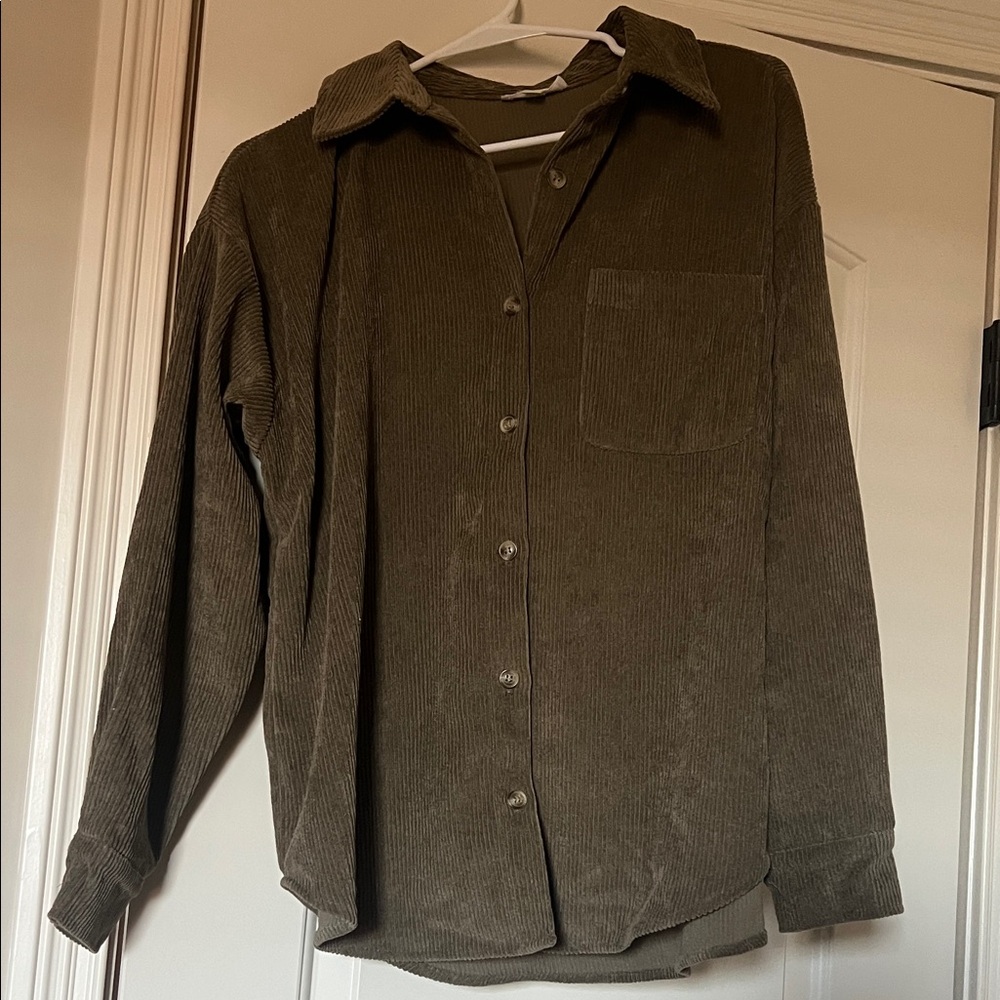 Olive Green Corduroy Button-Up Shirt